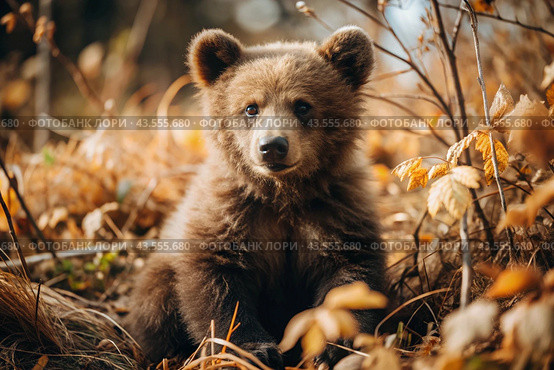 A cute little bear cub sitting among the autumn yellow foliage. Animal hunting. Poaching. Стоковое AI-изображение, AI-художник Photojuli / Фотобанк Лори