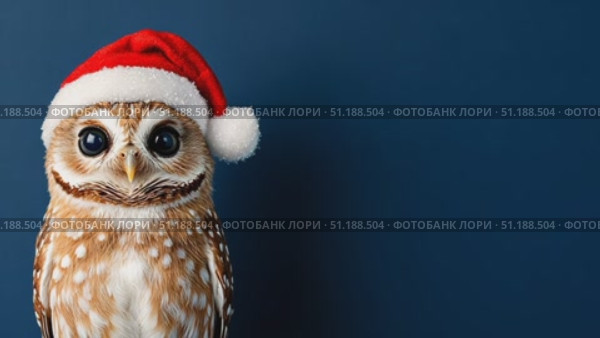 A cute owl wearing a red and white Santa hat stands against a dark blue background. The owl’s wide eyes and detailed feathers give it a lifelike and whimsical appearance, adding a festive and playful mood. The minimalist composition emphasizes the holiday spirit with a touch of nature. Стоковое AI-видео, аниматор Ксения Чунаева / Фотобанк Лори