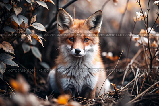 A cute red fox sitting among the autumn foliage. Animal hunting. Стоковое AI-изображение, AI-художник Photojuli / Фотобанк Лори