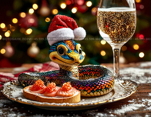 A cute snake, the symbol of 2025 according to the Eastern calendar, red caviar and a glass of champagne. The snake symbolizes wisdom, vitality, immortality and healing powers. Festive atmosphere of the New Year. Стоковое AI-изображение, AI-художник Сергей Елизарьев / Фотобанк Лори