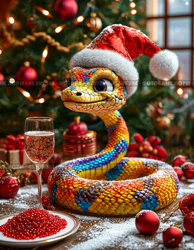 A cute snake, the symbol of 2025 according to the Eastern calendar, red caviar and a glass of champagne. The snake symbolizes wisdom, vitality, immortality and healing powers. Festive atmosphere of the New Year. Стоковое AI-изображение, AI-художник Сергей Елизарьев / Фотобанк Лори
