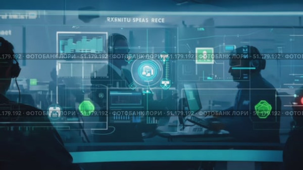 A cybersecurity team collaborates in a high-tech setting, focused on data analysis and strategy discussions in the late afternoon. Стоковое AI-видео, аниматор Данила Большаков / Фотобанк Лори