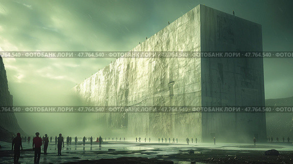A dark and atmospheric sci-fi scene depicting a giant monolithic structure rising in the fog among rocks and people standing at its base. The painting is filled with a sense of mystery, isolation and power. A green, almost acidic light penetrates the fog, creating a post-apocalyptic mood. The image is ideal for futurism, cyberpunk, dystopia, technology and conceptual art themes. Стоковое AI-изображение, AI-художник Анна Кривицкая / Фотобанк Лори