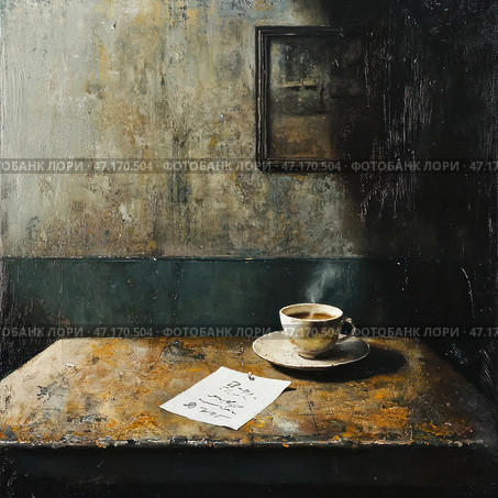 A dark, atmospheric still life in the style of noir or post-apocalyptic realism. In the center is a wooden, worn table with a warm cup of coffee on a saucer and a note with an incomprehensible text. The setting looks abandoned: a peeling wall, darkened by time, an old mirror covered with a patina of time or a painting in a dark frame. The light falls at an angle, creating a contrast between the illuminated part and the shadow, enhancing the feeling of loneliness and melancholy. The composition conveys an atmosphere of mystery, nostalgia or expectation of something inevitable. Стоковое AI-изображение, AI-художник Анна Кривицкая / Фотобанк Лори