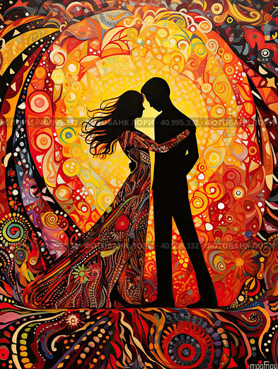 A dark silhouette of a dancing young couple on a colorful abstract background. Generated by AI. Стоковое AI-изображение, AI-художник Ярославский Максим / Фотобанк Лори