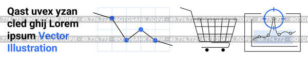 A declining line chart, a shopping cart, and a sales chart indicate business analytics, e-commerce performance, and market trends. Ideal for business, finance, e-commerce, data analytics. Business Growth and Analytics with Shopping Cart and Sales Chart. Стоковая иллюстрация, агентство Ingram Publishing / Фотобанк Лори
