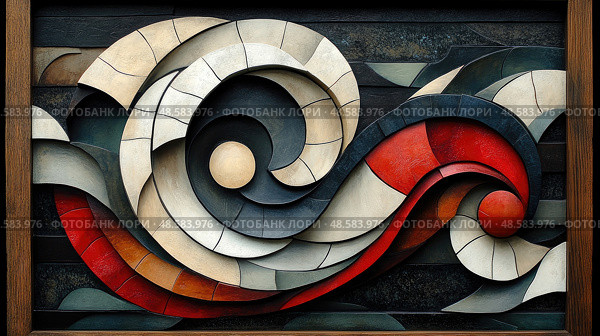 A decorative piece featuring layered shapes in neutral and vibrant colors, mimicking the movement of ocean waves in a modern gallery. Стоковое AI-изображение, AI-художник Данила Большаков / Фотобанк Лори