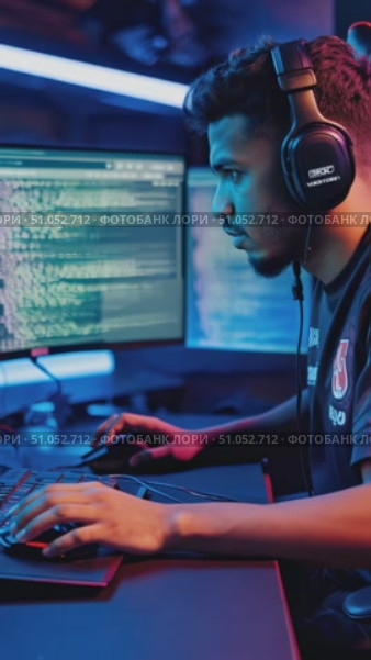 A dedicated gamer immersed in an intense gaming environment, focused on the screen with coding lines revealing a captivating digital landscape. Joins the esports community with passion. Стоковое AI-видео, аниматор Владимир Федоров / Фотобанк Лори