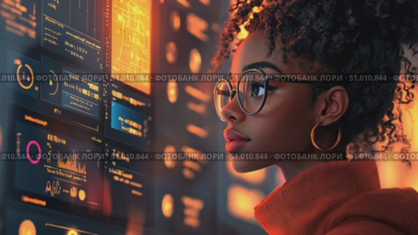A dedicated young woman observes complex data visualizations on large screens, immersed in her task in a cutting-edge office environment. Стоковое AI-видео, аниматор Данила Большаков / Фотобанк Лори