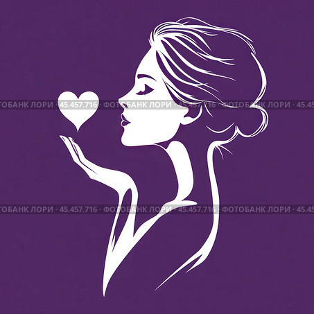 A delicate and elegant logo depicting a white silhouette of a girl in profile against a soft lilac background. The girl leans over a heart symbol she holds in her hand, creating an impression of care and tenderness. This logo is ideal for companies associated with beauty, fashion, love, care, charity, femininity, and family values. Created by AI. Стоковое AI-изображение, AI-художник Ярославский Максим / Фотобанк Лори