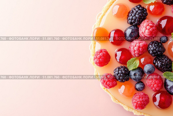 A delicate French berry tart with a golden crust encases a stylish berry display. The glossy fruit glaze adds a captivating sheen, making it the epitome of dessert brilliance. Стоковое AI-изображение, AI-художник Nart / Фотобанк Лори