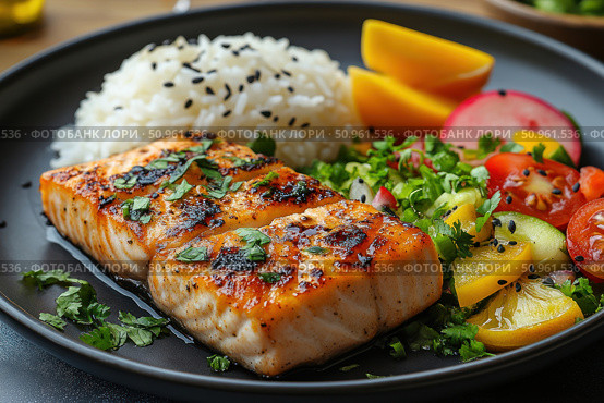 A delicious dish of fried salmon with a crispy crust, served with crumbly rice sprinkled with black sesame seeds and a fresh vegetable salad of cucumbers, cherry tomatoes, radishes and greens. The garnish is complemented by juicy slices of mango and lemon, creating a harmonious combination of flavors. A bright, balanced composition on a dark plate makes the photo attractive for culinary blogs, restaurant menus, diet programs and healthy eating sites. Стоковое AI-изображение, AI-художник Анна Кривицкая / Фотобанк Лори