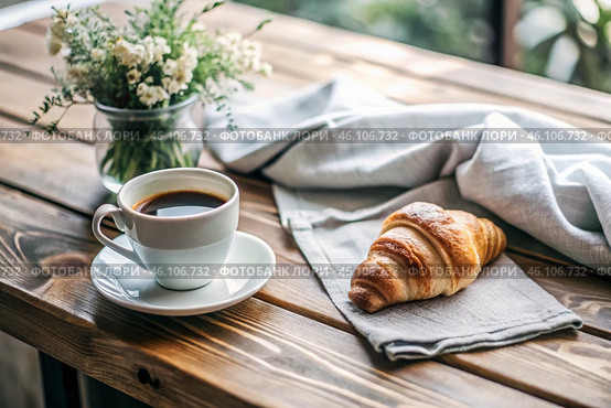 A delicious freshly baked croissant, a white cup of coffee and a cotton napkin on a wooden background. French breakfast. Delicious pastries in close-up. Стоковое AI-изображение, AI-художник Photojuli / Фотобанк Лори