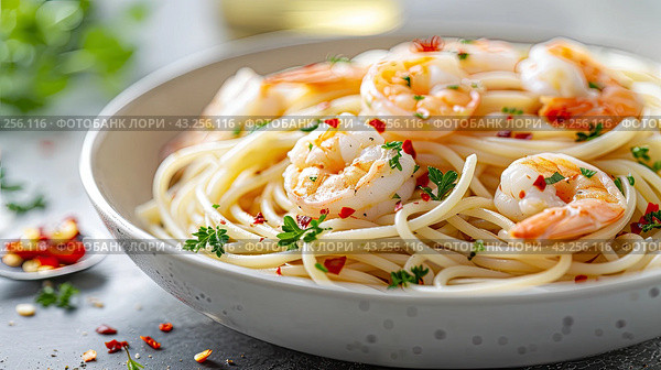 A delicious pasta dish with fresh olives and ripe tomatoes on a rustic wooden table. Стоковое AI-изображение, AI-художник Ярославский Максим / Фотобанк Лори