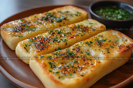 A delicious photo of crispy garlic bread, toasted until golden brown and generously sprinkled with fresh herbs. In the background is a herb and butter sauce in a small dark bowl. Three neat slices are served on a ceramic plate, creating the perfect image of a hearty appetizer or side dish. The image is perfect for food blogs, restaurant menus, bakery ads, and food photography. Стоковое AI-изображение, AI-художник Анна Кривицкая / Фотобанк Лори