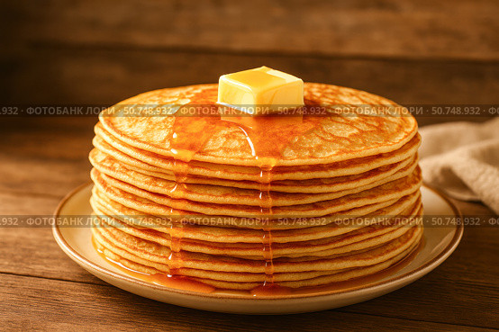 A Delicious Stack of Fluffy Pancakes Drenched in Maple Syrup with a Butter Pat Melting on Top, Perfect for Breakfast or Brunch Indulgence. Стоковое AI-изображение, AI-художник Башкирова Анна / Фотобанк Лори