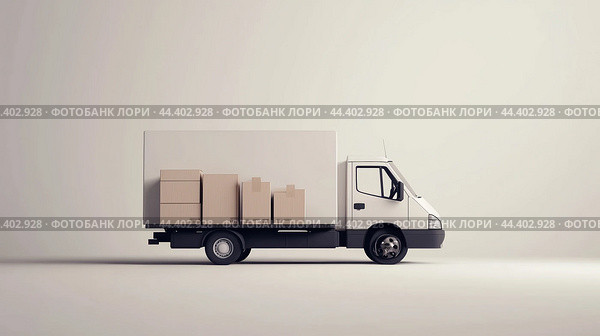 A delivery truck with boxes parked in a minimalistic indoor setting during daylight hours. Стоковое AI-изображение, AI-художник Сергей Толмачёв / Фотобанк Лори