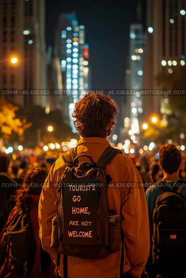 A demonstrator stands in a crowded city at night, displaying a message on their backpack that expresses opposition to tourism. Стоковое AI-изображение, AI-художник Данила Большаков / Фотобанк Лори