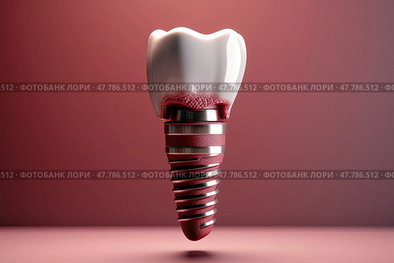 A detailed representation of a dental implant, showing the metal post, abutment, and crown resembling a human tooth. Стоковое AI-изображение, AI-художник Данила Большаков / Фотобанк Лори