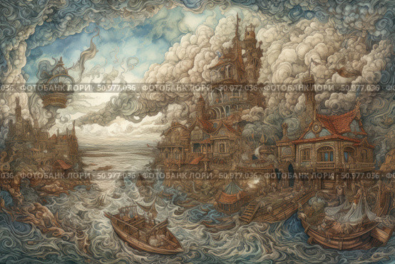 A detailed steampunk fantasy illustration of a fairytale coastal town with fantastic architecture, stormy seas and billowing clouds. Boats move along the waves, airships soar in the sky and the buildings are decorated with towers, chimneys and complex mechanisms. The atmosphere is mysterious and adventurous, visually rich and inspiring. Ideal for book design, games, tabletop RPGs, posters and collectible art projects. Стоковое AI-изображение, AI-художник Анна Кривицкая / Фотобанк Лори
