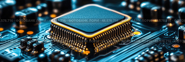 A detailed view of a microprocessor on a circuit board, featuring vibrant lighting and complex connections illustrating advanced technology. Стоковое AI-изображение, AI-художник Данила Большаков / Фотобанк Лори