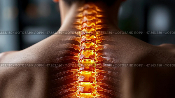 A detailed view of a person's spine illuminated from within, showcasing vertebrae in a health-focused environment emphasizing wellness. Стоковое AI-изображение, AI-художник Данила Большаков / Фотобанк Лори