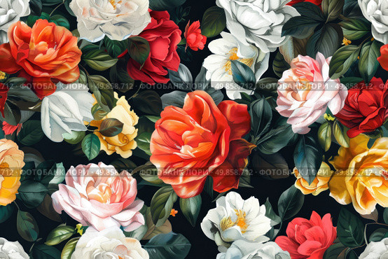 A detailed view of various colorful flowers clustered together on a stark black backdrop. Стоковое AI-изображение, AI-художник Данила Большаков / Фотобанк Лори
