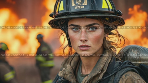 A determined firefighter faces intense heat and flames while working to control a significant fire surrounded by fellow crew members. Стоковое AI-видео, аниматор Данила Большаков / Фотобанк Лори