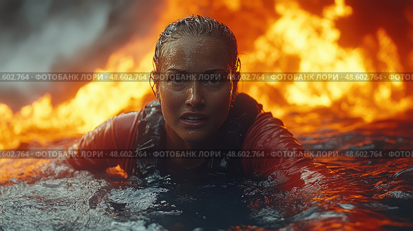 A determined woman struggles in turbulent waters, her expression revealing fear and resilience as flames rage around her at dusk. Стоковое AI-изображение, AI-художник Данила Большаков / Фотобанк Лори