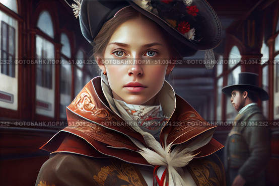 A digital illustration in a historical style depicting a young woman with expressive eyes in an elegant 19th century costume. Detailed trim, an intricate collar, a wide-brimmed hat decorated with feathers and flowers emphasize the aristocracy of the image. In the background is the silhouette of a man in a top hat, which enhances the atmosphere of the era. The interior with arched windows resembles a train station or a waiting room. Ideal for book covers, historical projects, art illustrations and retro design solutions. Стоковое AI-изображение, AI-художник Анна Кривицкая / Фотобанк Лори