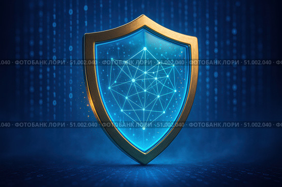 A Digital Shield Symbolizing Cybersecurity, Protection, and Data Security Against Cyber Threats and Vulnerabilities in the Modern Technological Landscape. Стоковое AI-изображение, AI-художник Башкирова Анна / Фотобанк Лори