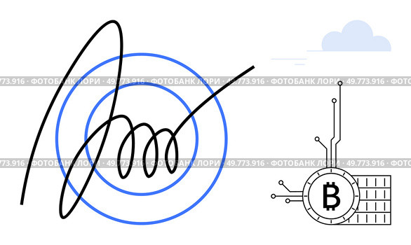 A digital signature on a blue concentric circle background. Right side contains a Bitcoin symbol with circuit-like design and a blue cloud. Ideal for blockchain, cryptocurrency, digital security. Digital Cryptocurrency and Blockchain Technology Concept with a Bitcoin Symbol and Digital Signature. Стоковая иллюстрация, агентство Ingram Publishing / Фотобанк Лори