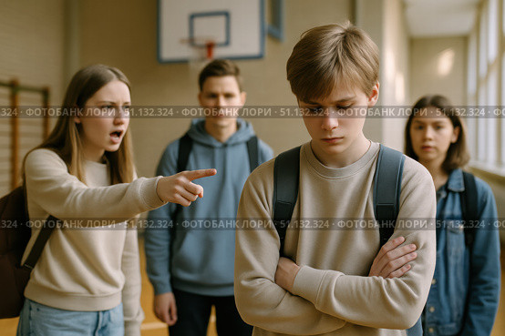 A Disturbing Scene in a School Hallway: A Young Girl Confronts a Boy While Two Other Students Observe the Conflict from a Distance. Стоковое AI-изображение, AI-художник Башкирова Анна / Фотобанк Лори