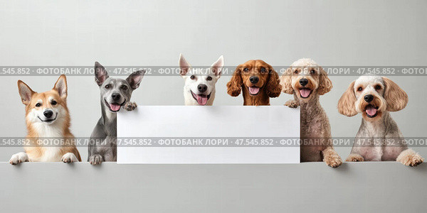 A diverse group of dogs featuring a greyhound and a Shiba Inu. The image captures an array of breeds in a harmonious gathering, showcasing their unique features and friendly demeanor. Стоковое AI-изображение, AI-художник Nart / Фотобанк Лори