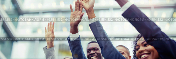 A diverse group of individuals raising their hands in unison as a gesture of unity, solidarity, and celebration. Стоковое AI-изображение, AI-художник Данила Большаков / Фотобанк Лори