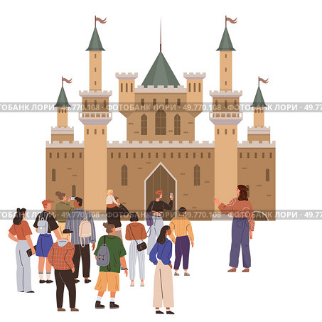 A diverse group of tourists gathering in front of a historic castle with tall towers and flags. Ideal for travel promotion, history education, tourism, cultural exploration, and guided tours. Flat. Group of Tourists Visiting a Historic Castle. Стоковая иллюстрация, агентство Ingram Publishing / Фотобанк Лори