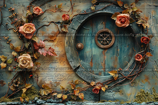 A door or round window reminiscent of a fairy tale or fantasy element, probably inspired by the Hobbiton style of Tolkien's works. Стоковое AI-изображение, AI-художник Анна Кривицкая / Фотобанк Лори