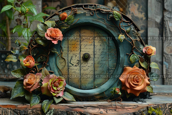A door or round window reminiscent of a fairy tale or fantasy element, probably inspired by the Hobbiton style of Tolkien's works. Стоковое AI-изображение, AI-художник Анна Кривицкая / Фотобанк Лори
