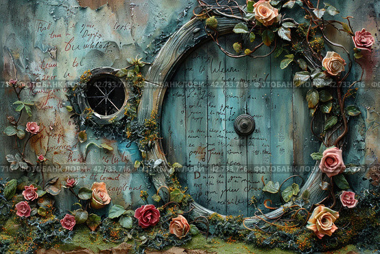 A door or round window reminiscent of a fairy tale or fantasy element, probably inspired by the Hobbiton style of Tolkien's works. Стоковое AI-изображение, AI-художник Анна Кривицкая / Фотобанк Лори
