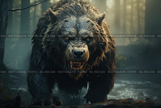 A dramatic and dark image of a huge predatory beast, resembling a cross between a bear and a wolf, in the wild. Its fur is wet and ruffled, its eyes glow with a bright yellow light, and sharp fangs covered in saliva can be seen protruding from its mouth. The beast stands in a menacing pose, crouched low, ready to attack. The background is a dense, misty forest with a dark atmosphere, emphasizing the danger and primal power of the creature. It looks like a scene from a dark fantasy or mythology, creating a sense of tension, fear, and wild power. Стоковое AI-изображение, AI-художник Анна Кривицкая / Фотобанк Лори