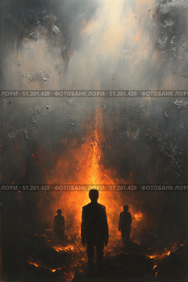 A dramatic artistic scene with three silhouettes of people standing against a background of fire and smoke. The central figure is depicted larger and dominates the composition, its silhouette clearly outlined against the powerful tongue of flame rushing upward. Two more silhouettes are located on the sides, creating the feeling of the group in an apocalyptic situation. The color scheme is built on the contrast of bright orange-red flames and dark, almost black tones, symbolizing smoke and an extinguished world. The atmosphere of the painting is disturbing, metaphorical - it evokes associations with the end of the world, internal struggle or a mystical journey through fire. Стоковое AI-изображение, AI-художник Анна Кривицкая / Фотобанк Лори