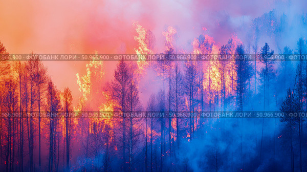 A dramatic forest wildfire with blazing orange flame and dense blue smoke engulfing bare trees, portraying environmental disaster and climate emergency. Стоковое AI-изображение, AI-художник Данила Большаков / Фотобанк Лори