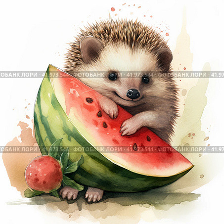 A drawing of a cute hedgehog eating a slice of watermelon,Generative AI. Стоковое AI-изображение, AI-художник Анна Кривицкая / Фотобанк Лори
