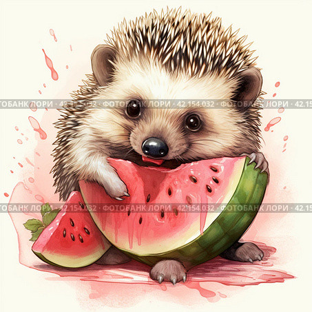 A drawing of a cute hedgehog eating a slice of watermelon,Generative AI. Стоковое AI-изображение, AI-художник Анна Кривицкая / Фотобанк Лори