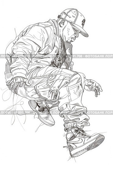 A drawing of a man skillfully executing a trick on a skateboard, showcasing his balance and agility. Стоковое AI-изображение, AI-художник Данила Большаков / Фотобанк Лори