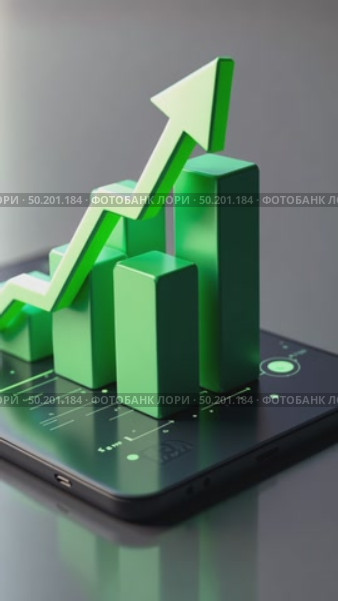 A dynamic 3D graph chart icon with rising bars in emerald green, floating above a dark interface, symbolizing business growth. Стоковое AI-видео, аниматор Sergey Grishin / Фотобанк Лори