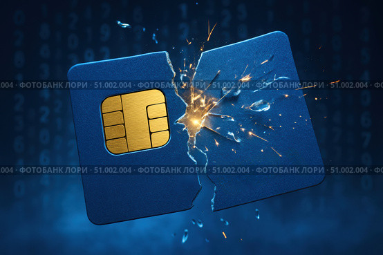 A Dynamic Depiction of a SIM Card Fragmenting with Sparks Amidst a Digital Background Signifying Data Disruption and Security Challenges. Стоковое AI-изображение, AI-художник Башкирова Анна / Фотобанк Лори