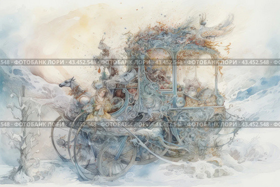 A fairy-tale carriage drawn by two horses that rushes through a snowy winter landscape. The carriage is made in an ornate, detailed style, decorated with elegant patterns and floral motifs. Inside the carriage sits a lady in an ancient outfit, holding a bouquet of flowers in her hands. The painting conveys a feeling of magic and enchantment, thanks to soft pastel colors and light, airy touches. Стоковое AI-изображение, AI-художник Анна Кривицкая / Фотобанк Лори