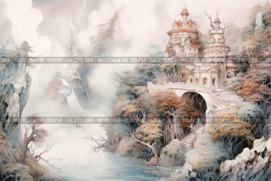 A fairytale illustration in soft pastel tones depicting a majestic castle on a cliff side surrounded by clouds of mist, ancient trees and a picturesque gorge with a river. The castle is connected to the rest of the landscape by an elegant bridge with stairs leading up to it. The architecture is done in a fantasy style with elements of Gothic and Romanticism, and the whole scene seems to be shrouded in magic and mystery. The illustration creates a sense of privacy, a fairytale world and sublime beauty. Perfect for decorating books, games, postcards and decor in the fantasy and romantic fantasy genres. Стоковое AI-изображение, AI-художник Анна Кривицкая / Фотобанк Лори