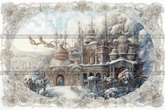 A fairytale winter castle decorated with rich ornaments and patterns. The castle is located on a snowy hill surrounded by snow-covered trees. Two large birds fly in the sky above the castle, adding dynamism and liveliness to the scene. The architecture of the castle is reminiscent of Russian Orthodox cathedrals with domes and intricate details. The entire scene is framed by exquisite decorative elements that give the impression that this is an illustration from a fairy tale. The landscape around the castle includes distant mountains and snow-covered villages, creating the atmosphere of a winter fairy tale. Стоковое AI-изображение, AI-художник Анна Кривицкая / Фотобанк Лори